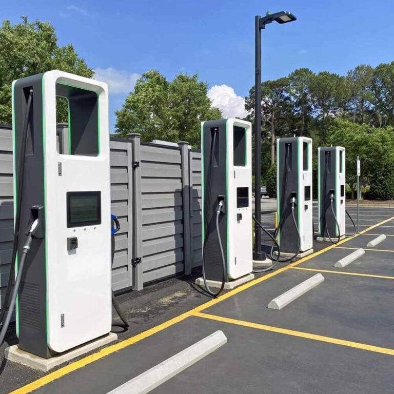 Multiple EV charging stations installed in a commercial parking lot in Colorado